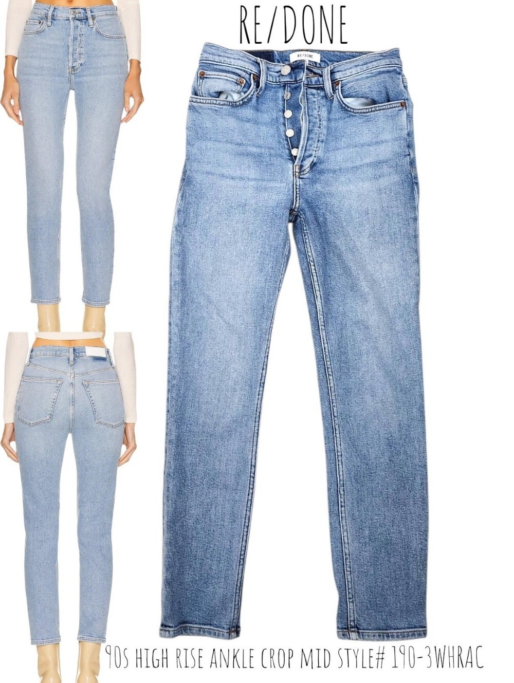 RE/DONE Women's 90s high rise ankle crop In mid 90s wash Denim Stretch Jean's